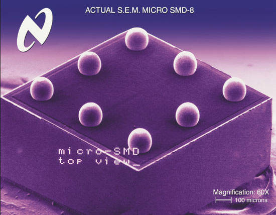 Electron-microscope view of chip-scale micro SMD device, showing spherical solder bumps (x60).